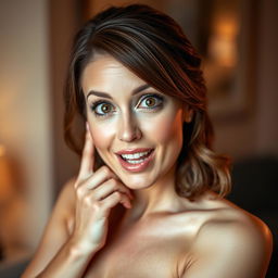 A gorgeous 40-year-old woman, directly facing the camera with an expression of astonished delight