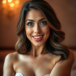 A gorgeous 40-year-old woman, directly facing the camera with an expression of astonished delight