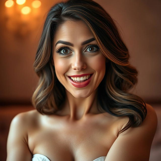 A gorgeous 40-year-old woman, directly facing the camera with an expression of astonished delight