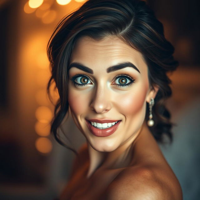 A beautiful 40-year-old woman, facing the camera directly with a look of genuine surprise and delight on her face