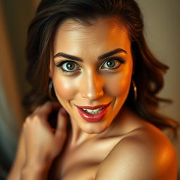 A beautiful 40-year-old woman, facing the camera directly with a look of genuine surprise and delight on her face