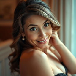 A beautiful 40-year-old woman, facing the camera directly with a look of genuine surprise and delight on her face