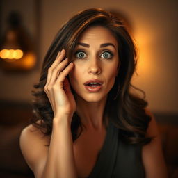 A beautiful 40-year-old woman, positioned directly in front of the camera with a surprised expression that radiates charm and allure