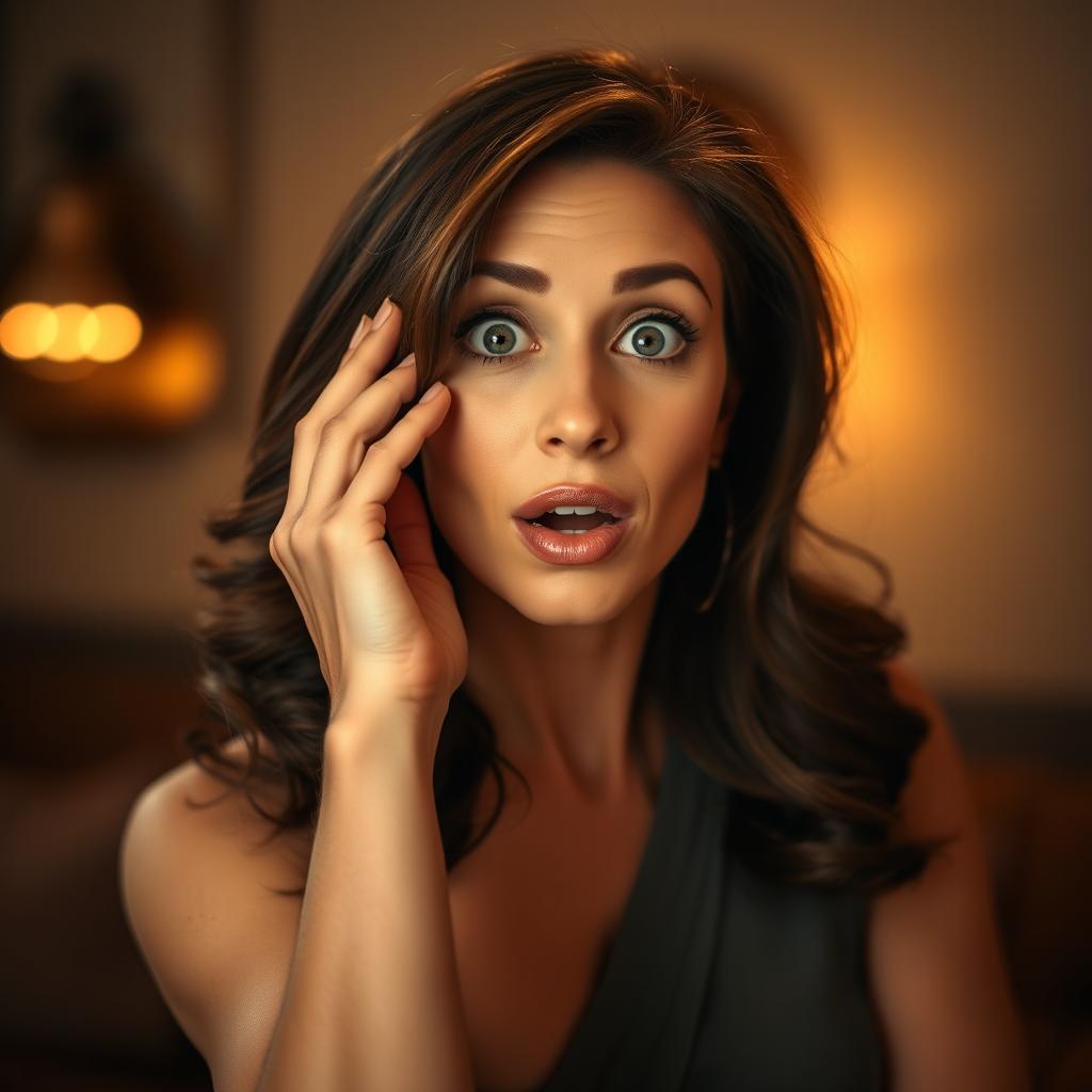 A beautiful 40-year-old woman, positioned directly in front of the camera with a surprised expression that radiates charm and allure