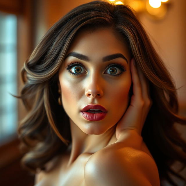 A beautiful 40-year-old woman, positioned directly in front of the camera with a surprised expression that radiates charm and allure