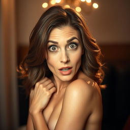 A beautiful 40-year-old woman, positioned directly in front of the camera with a surprised expression that radiates charm and allure