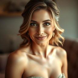 A stunning 40-year-old woman, directly facing the camera with a look of delightful surprise in her eyes