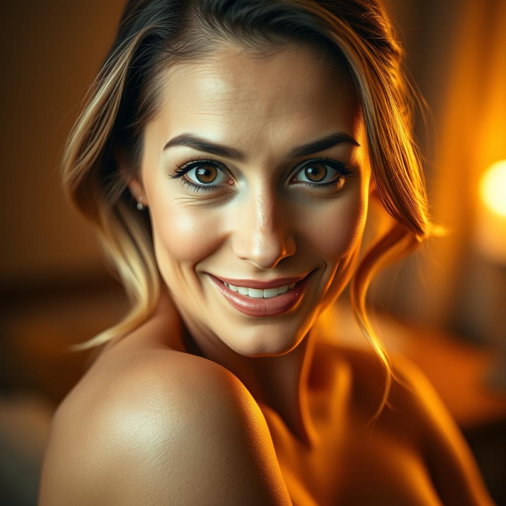 A stunning 40-year-old woman, directly facing the camera with a look of delightful surprise in her eyes