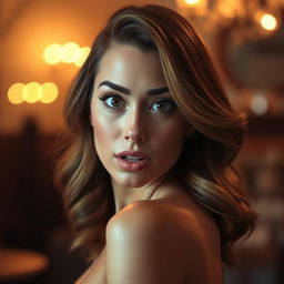 A stunning 40-year-old woman, looking directly at the camera with a surprised and enchanting expression