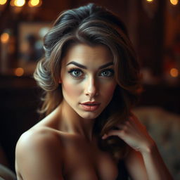 A stunning 40-year-old woman, looking directly at the camera with a surprised and enchanting expression