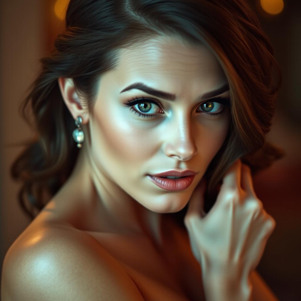 A stunning 40-year-old woman, looking directly at the camera with a surprised and enchanting expression