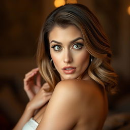 A stunning 40-year-old woman, looking directly at the camera with a surprised and enchanting expression