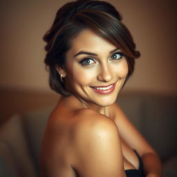 A gorgeous 40-year-old woman, facing the camera head-on, with an expression of delightful surprise that adds to her allure