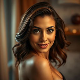 A gorgeous 40-year-old woman, facing the camera head-on, with an expression of delightful surprise that adds to her allure