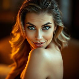 A gorgeous 40-year-old woman, facing the camera head-on, with an expression of delightful surprise that adds to her allure