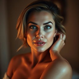 A gorgeous 40-year-old woman, facing the camera head-on, with an expression of delightful surprise that adds to her allure