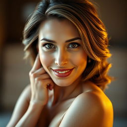 A beautiful 40-year-old woman, positioned directly in front of the camera, showcasing an expression of delightful surprise that captivates viewers