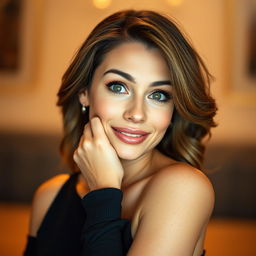 A beautiful 40-year-old woman, positioned directly in front of the camera, showcasing an expression of delightful surprise that captivates viewers