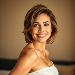 An attractive 40-year-old woman, facing the camera directly with a look of delightful surprise on her face