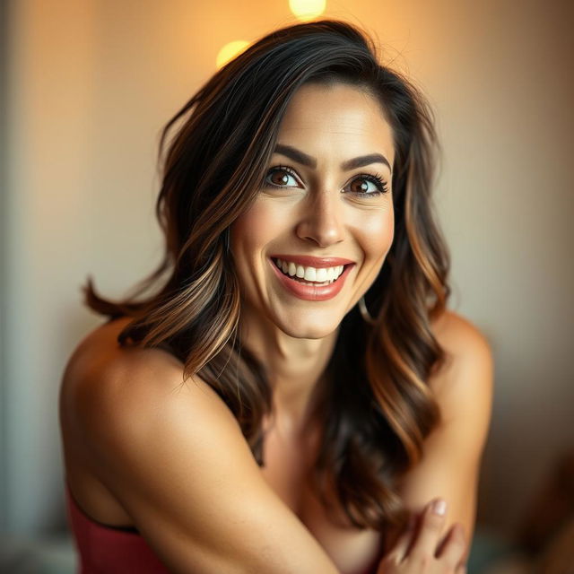 An attractive 40-year-old woman, facing the camera directly with a look of delightful surprise on her face