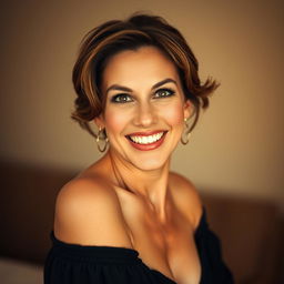 An attractive 40-year-old woman, facing the camera directly with a look of delightful surprise on her face