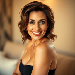 An attractive 40-year-old woman, facing the camera directly with a look of delightful surprise on her face