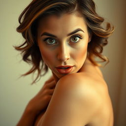 A stunning 40-year-old woman, positioned directly in front of the camera, with a captivating expression of surprise on her face