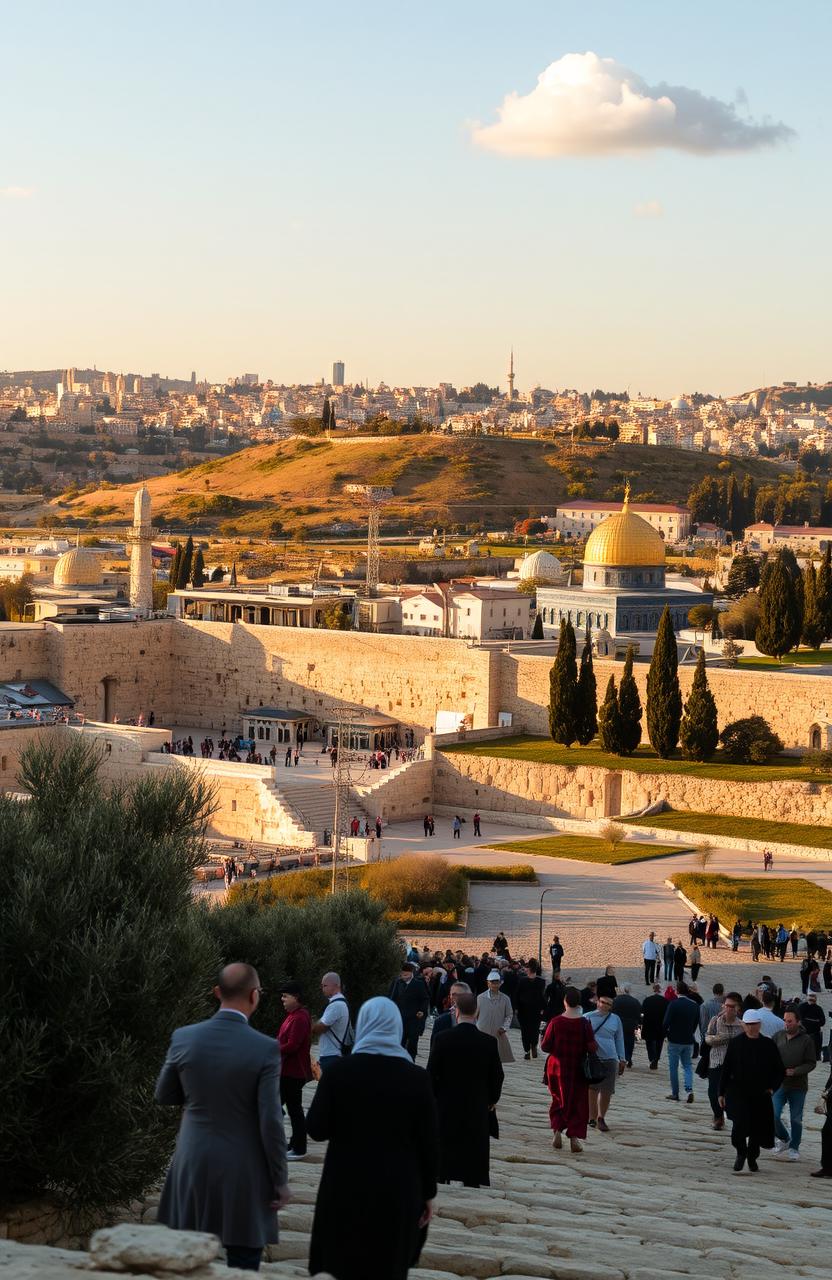 A serene and stunning landscape of the Holy Land, showcasing iconic religious landmarks such as the Western Wall, the Dome of the Rock, and ancient olive trees scattered across the terrain