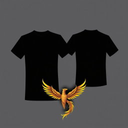 A black t-shirt design featuring a stunning golden phoenix located at the bottom front