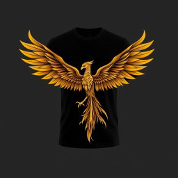 A black t-shirt design featuring a stunning golden phoenix located at the bottom front