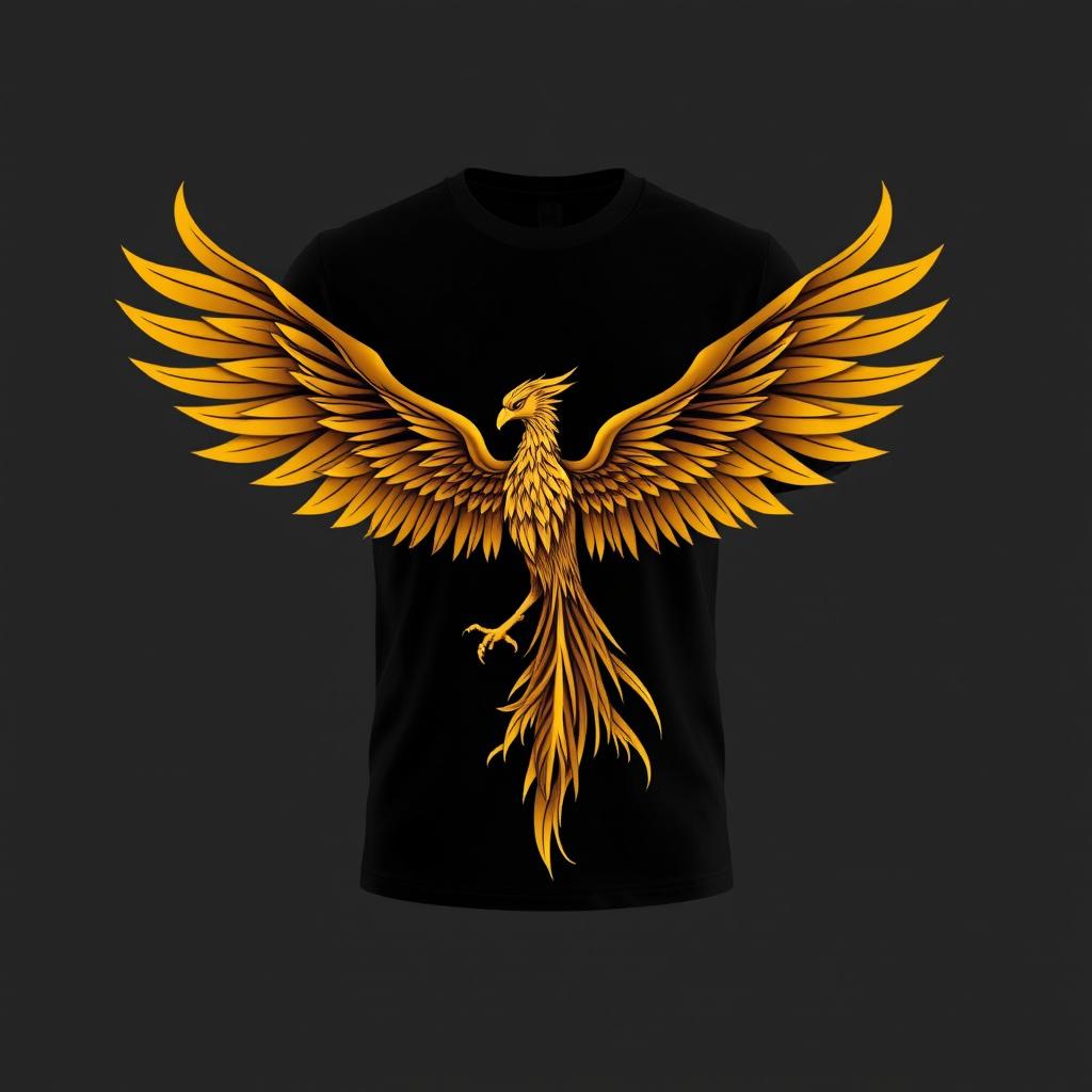 A black t-shirt design featuring a stunning golden phoenix located at the bottom front