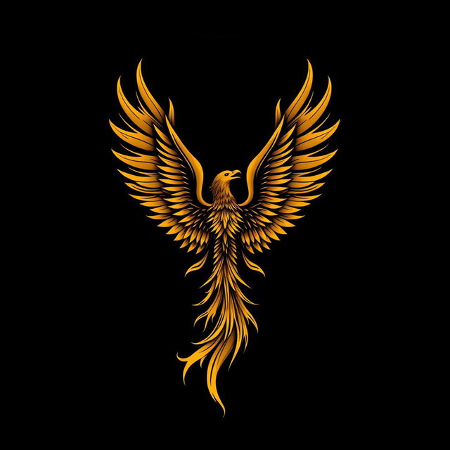 A black t-shirt design featuring a stunning golden phoenix located at the bottom front