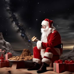 Adjust the previous image by replacing Saturn with Santa Claus. Maintain the original dramatic tone but convert Saturn into a festive, albeit unconventional Santa Claus, in the 'Santa Devouring His Cookies' scene.