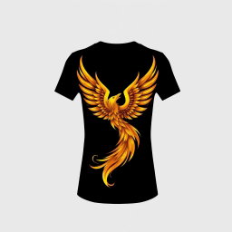A black t-shirt design featuring a striking golden phoenix positioned at the lower front of the shirt
