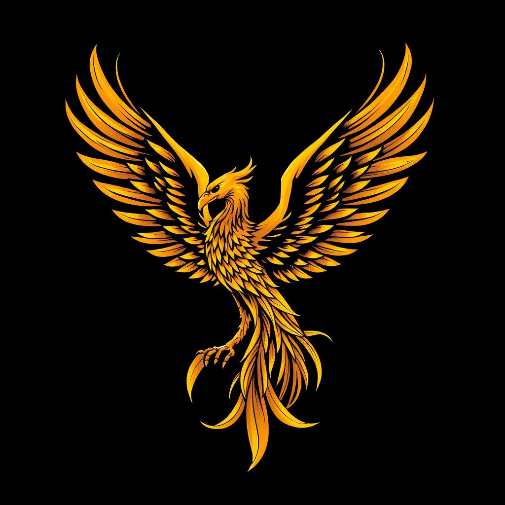 A black t-shirt design featuring a striking golden phoenix positioned at the lower front of the shirt