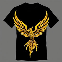 A black t-shirt design featuring a striking golden phoenix positioned at the lower front of the shirt