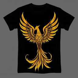 A black t-shirt design featuring a striking golden phoenix positioned at the lower front of the shirt