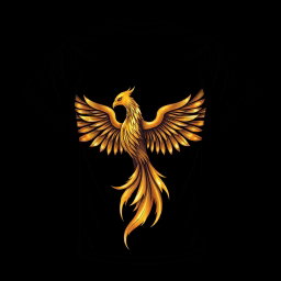A black t-shirt design featuring a medium-sized shimmering golden phoenix positioned at the lower front of the shirt