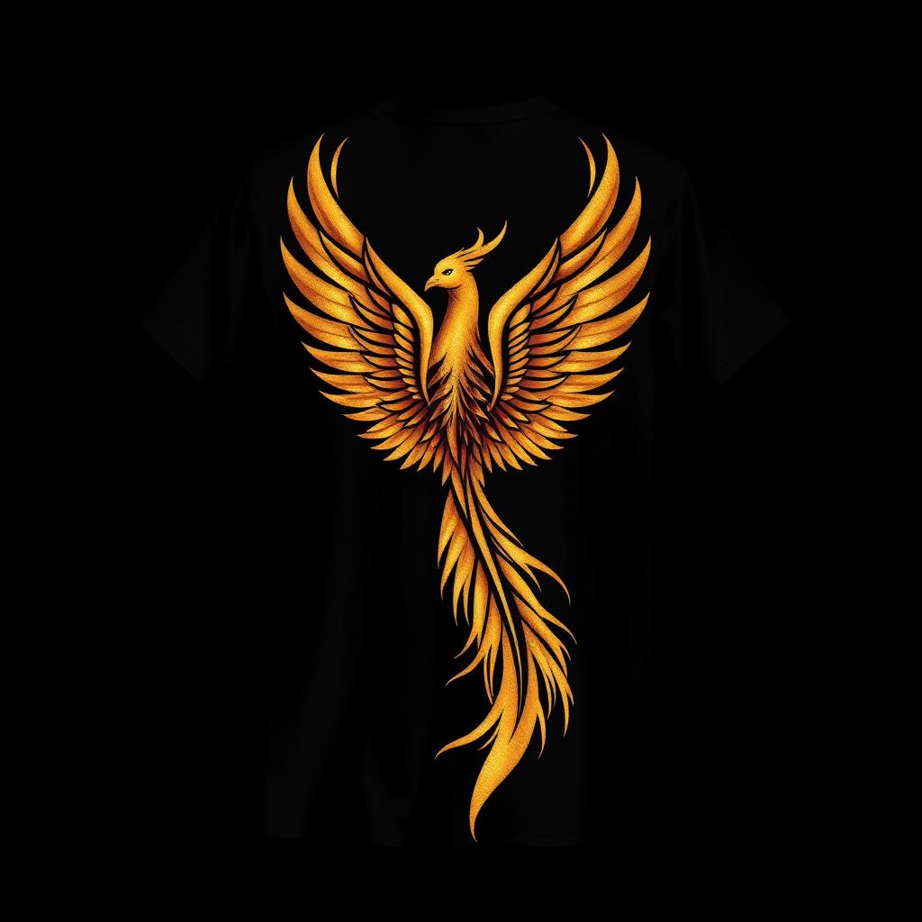 A black t-shirt design featuring a medium-sized shimmering golden phoenix positioned at the lower front of the shirt