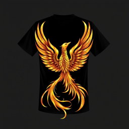 A black t-shirt design featuring a medium-sized shimmering golden phoenix positioned at the lower front of the shirt