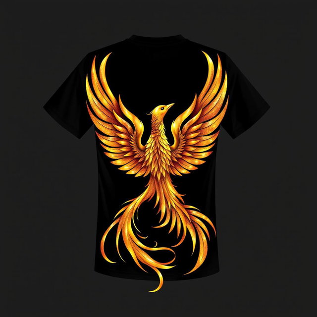 A black t-shirt design featuring a medium-sized shimmering golden phoenix positioned at the lower front of the shirt