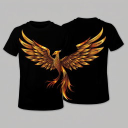 A black t-shirt design featuring a medium-sized shimmering golden phoenix positioned at the lower front of the shirt