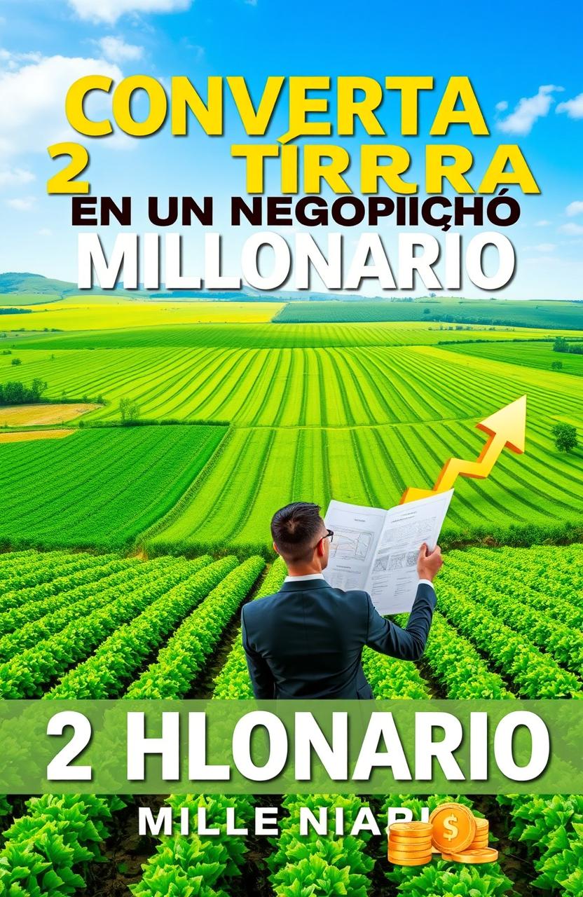 A captivating book cover design featuring a vibrant landscape of 2 hectares of fertile land, showcasing lush green fields, rows of flourishing crops, and a bright blue sky