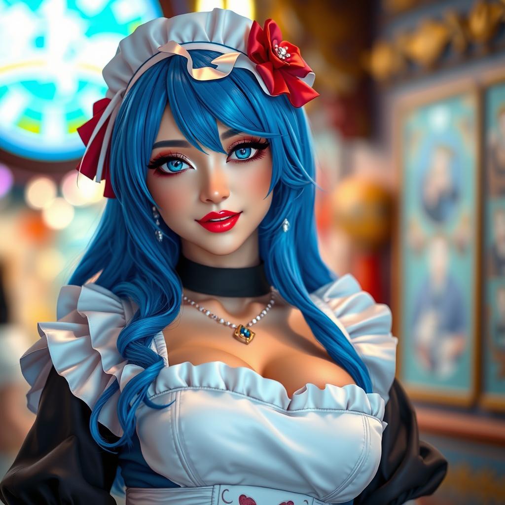 A beautiful and sexy female cosplayer portraying Rem from Re:Zero, with striking blue hair and her signature maid outfit, featuring intricate details and a lively expression