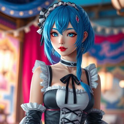 A beautiful and sexy female cosplayer portraying Rem from Re:Zero, with striking blue hair and her signature maid outfit, featuring intricate details and a lively expression