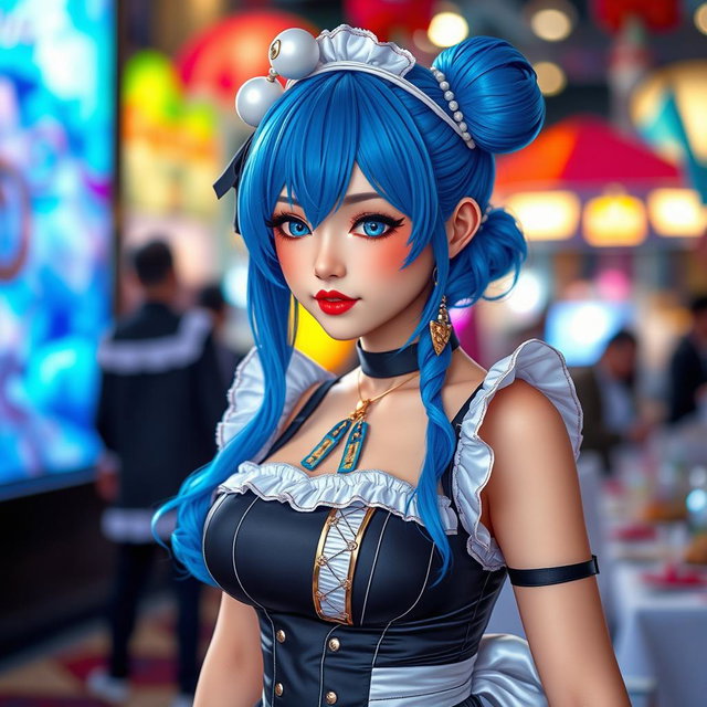 A beautiful and sexy female cosplayer portraying Rem from Re:Zero, with striking blue hair and her signature maid outfit, featuring intricate details and a lively expression