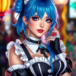 A beautiful and sexy female cosplayer portraying Rem from Re:Zero, with striking blue hair and her signature maid outfit, featuring intricate details and a lively expression