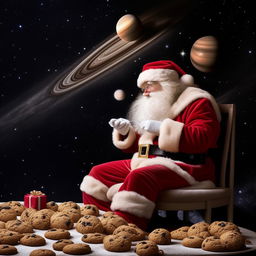 Adjust the previous image by replacing Saturn with Santa Claus. Maintain the original dramatic tone but convert Saturn into a festive, albeit unconventional Santa Claus, in the 'Santa Devouring His Cookies' scene.