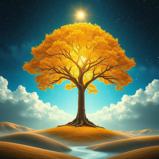 A majestic divine tree set against a celestial sky, with shimmering stars and ethereal clouds surrounding it