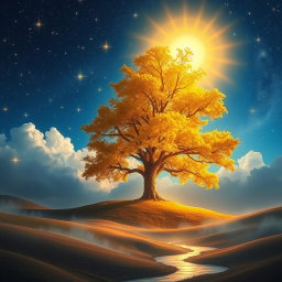 A majestic divine tree set against a celestial sky, with shimmering stars and ethereal clouds surrounding it
